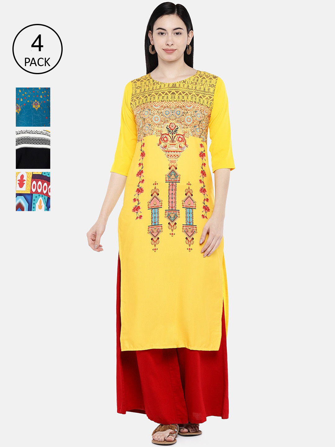 

7Threads Women Pack of 4 Multicoloured Printed Straight Kurtas, Multi
