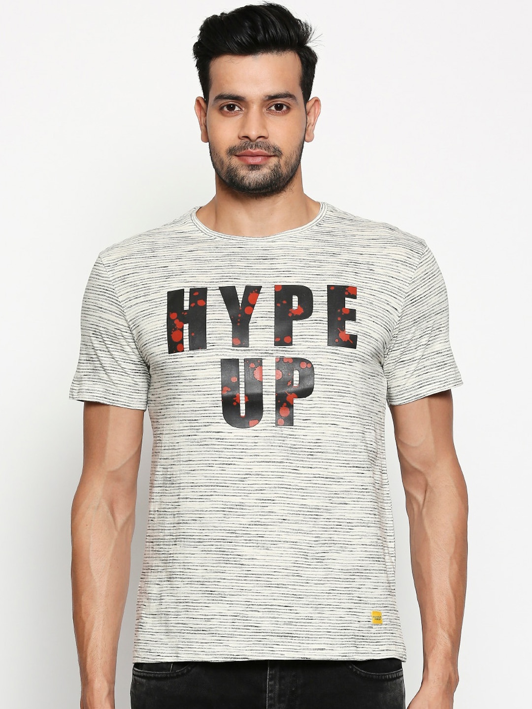 People Men White Printed Round Neck Pure Cotton T-shirt