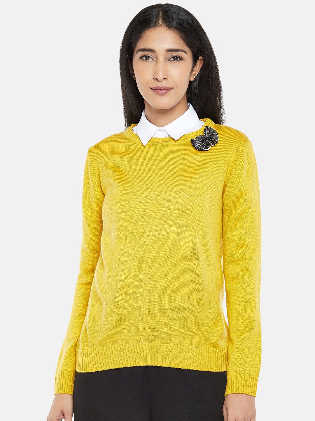 

Annabelle by Pantaloons Women Mustard Yellow Solid Pullover Sweater