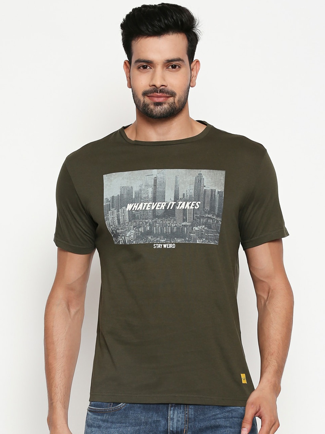 

People Men Olive Green Printed Round Neck T-shirt