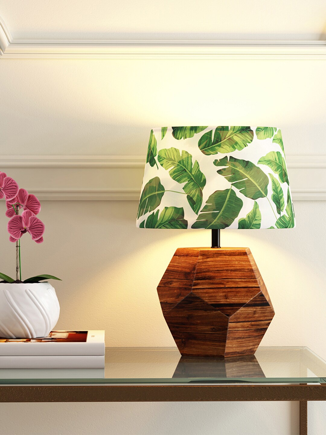 

India Circus by Krsnaa Mehta White & Green Printed Hexagonal Table Lamp