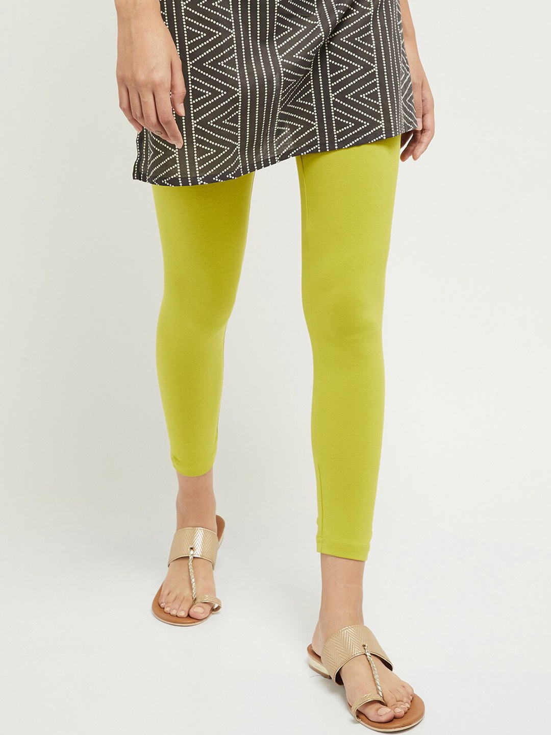 

max Women Lime Green Solid Ankle Length Leggings