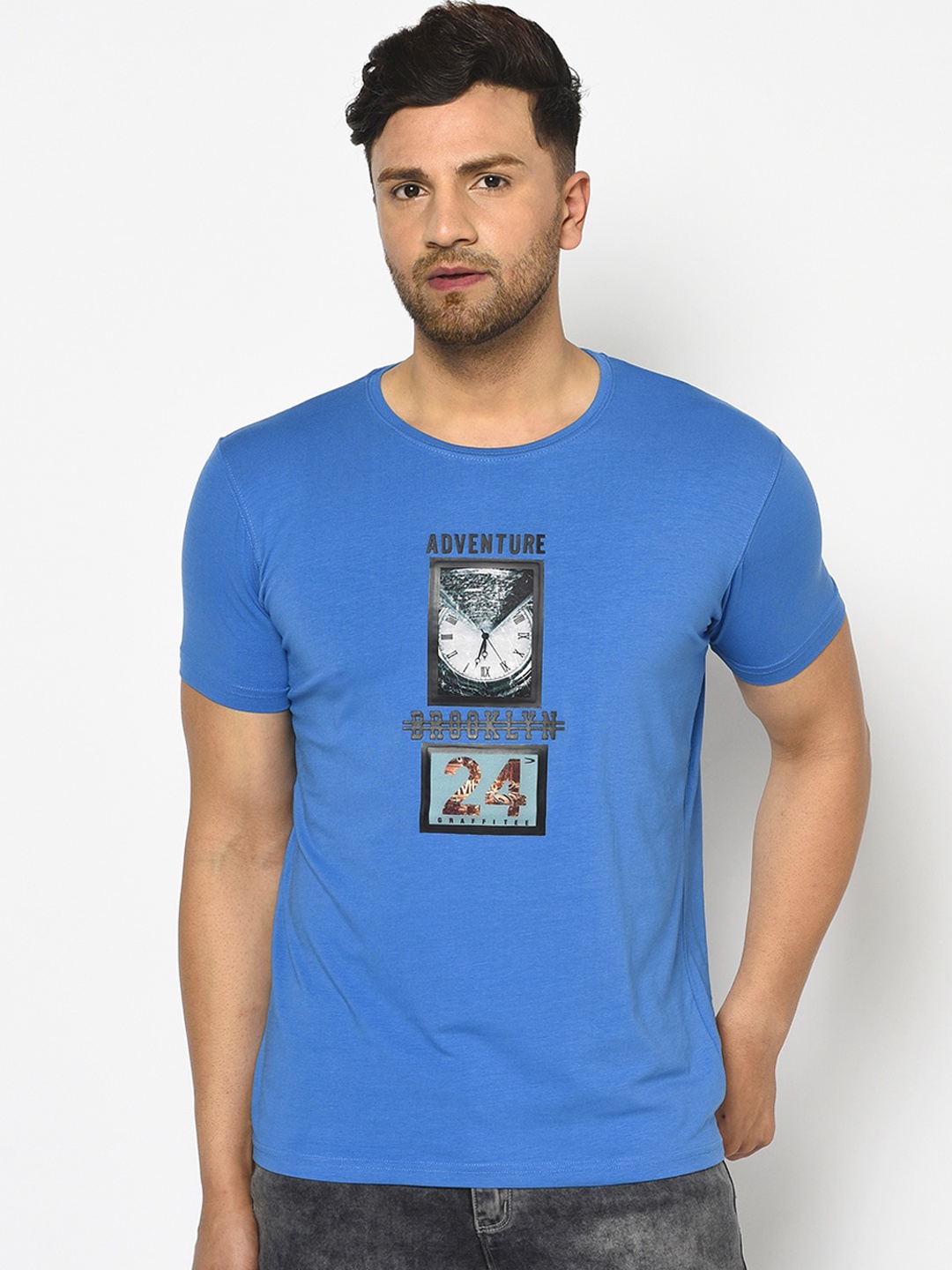 

Duke Men Blue Printed Round Neck T-shirt