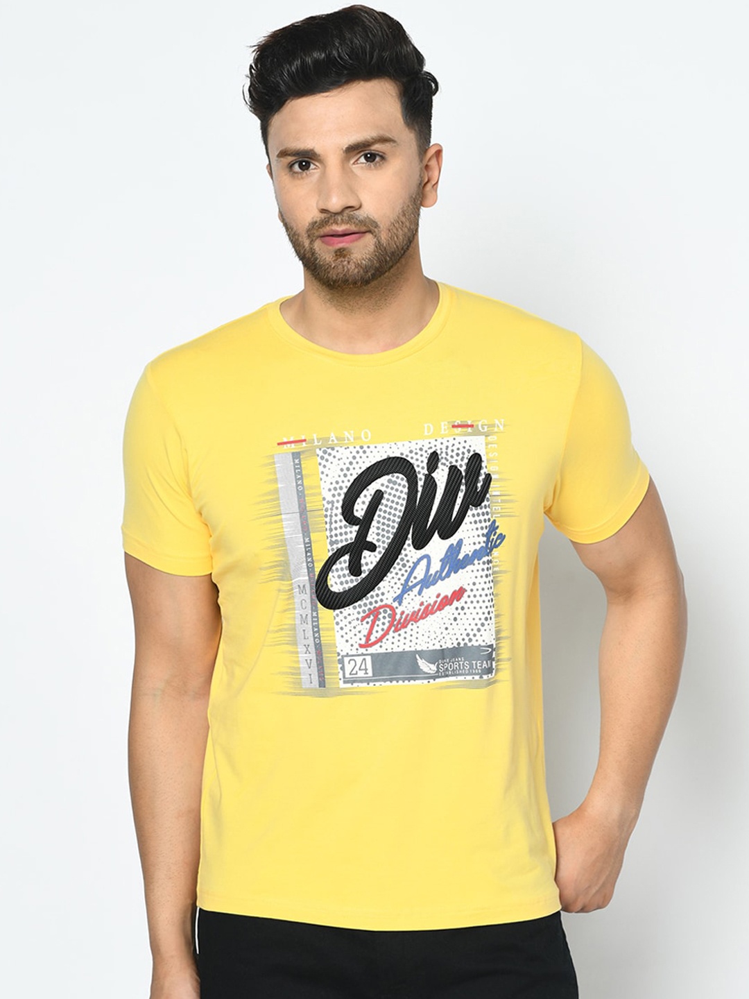 Duke Men Yellow Printed Round Neck T-shirt