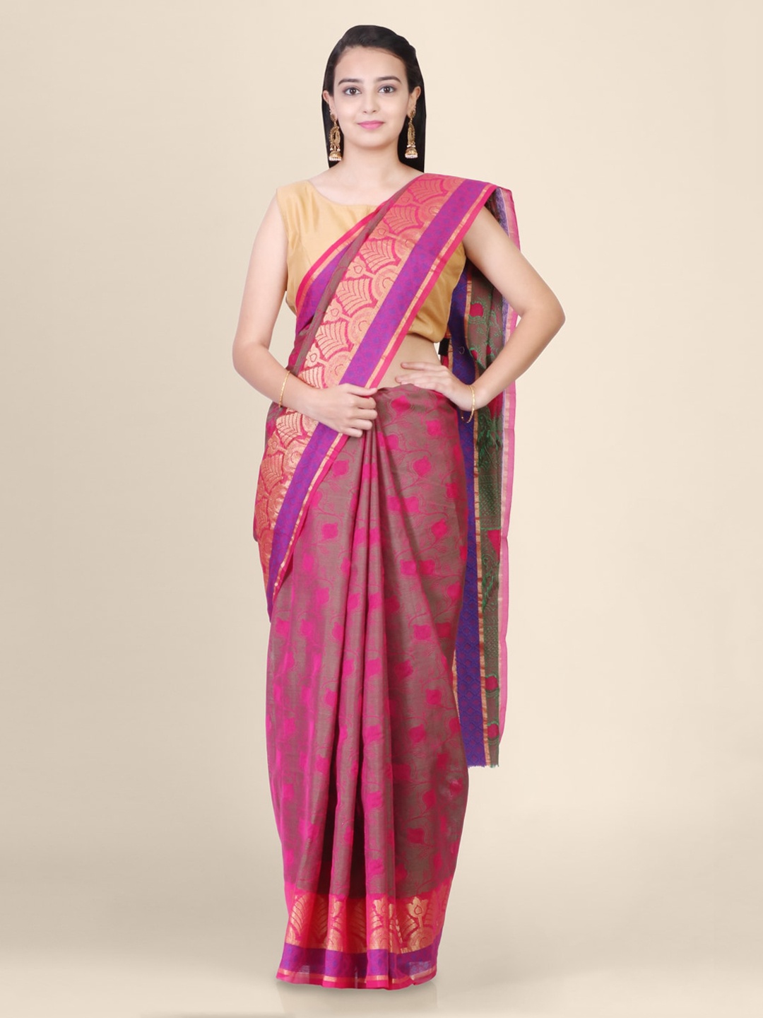 

Hastakala Pink & Gold-Toned Pure Cotton Printed Kota Saree