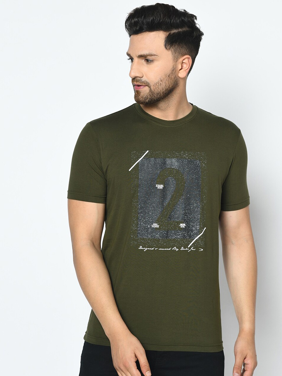 Duke Men Olive Green Printed Round Neck T-shirt