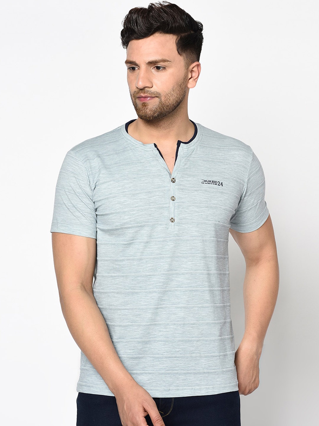 

Duke Men Blue Striped Round Neck T-shirt