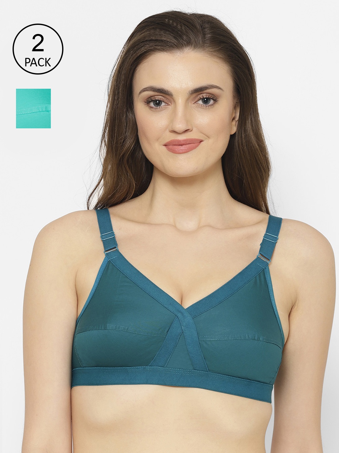 

Floret Pack Of 2 Solid Non Padded Non Wired Everyday Bra Cross Fit, Sea green