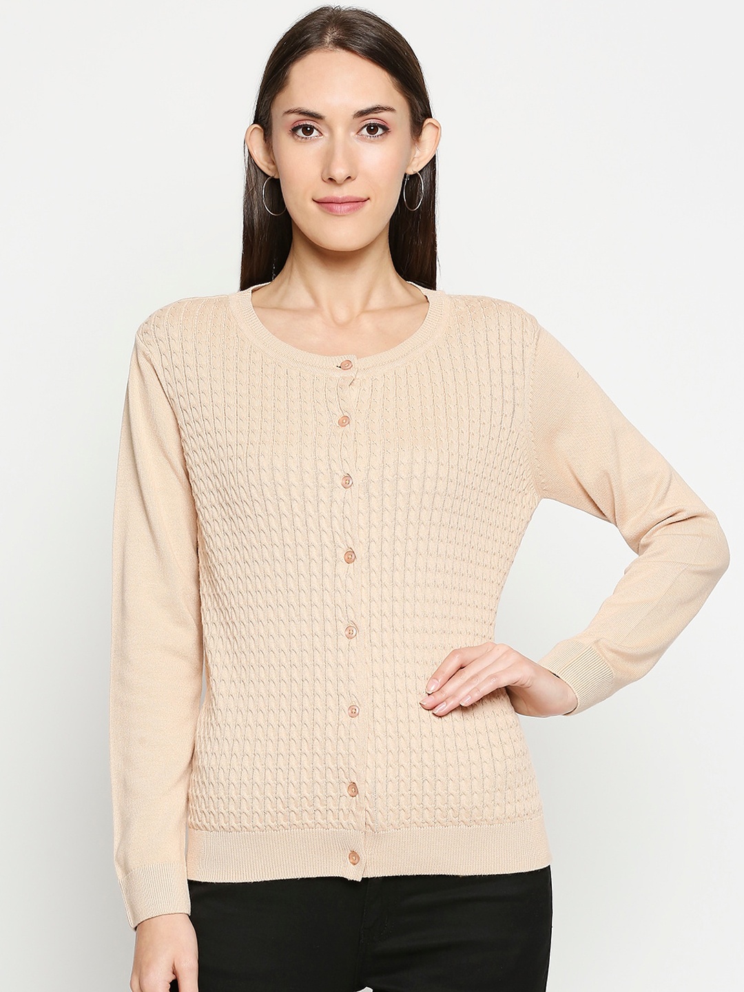 

Honey by Pantaloons Women Beige Self Design Cardigan Sweater