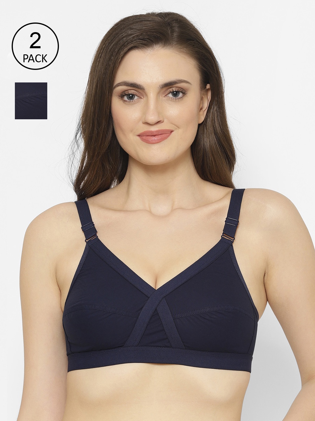 Floret Pack of 2 Non-Padded Non-Wired Full Coverage Cotton Bras with All Day Comfort, Navy blue
