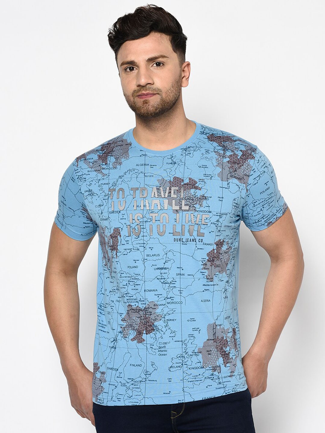 

Duke Men Blue Printed Round Neck T-shirt