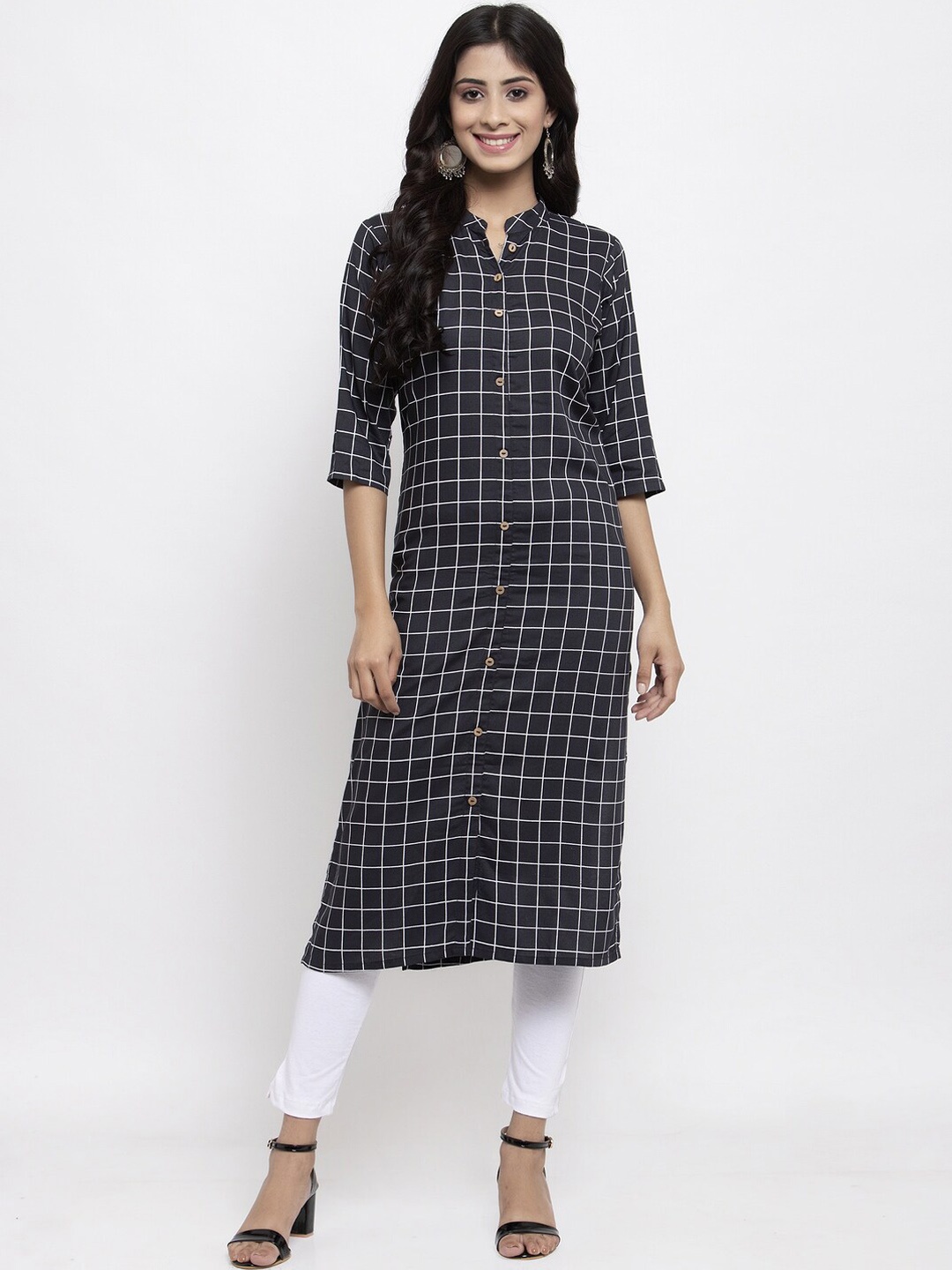 

NEUDIS Women Black & White Checked Straight Kurta