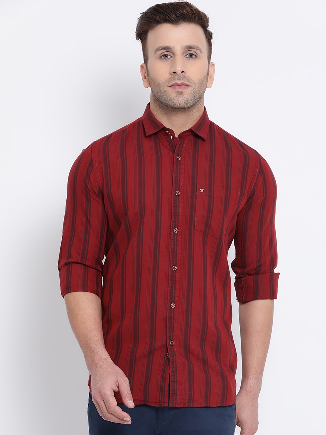 

Turtle Men Red & Maroon Slim Fit Striped Casual Shirt