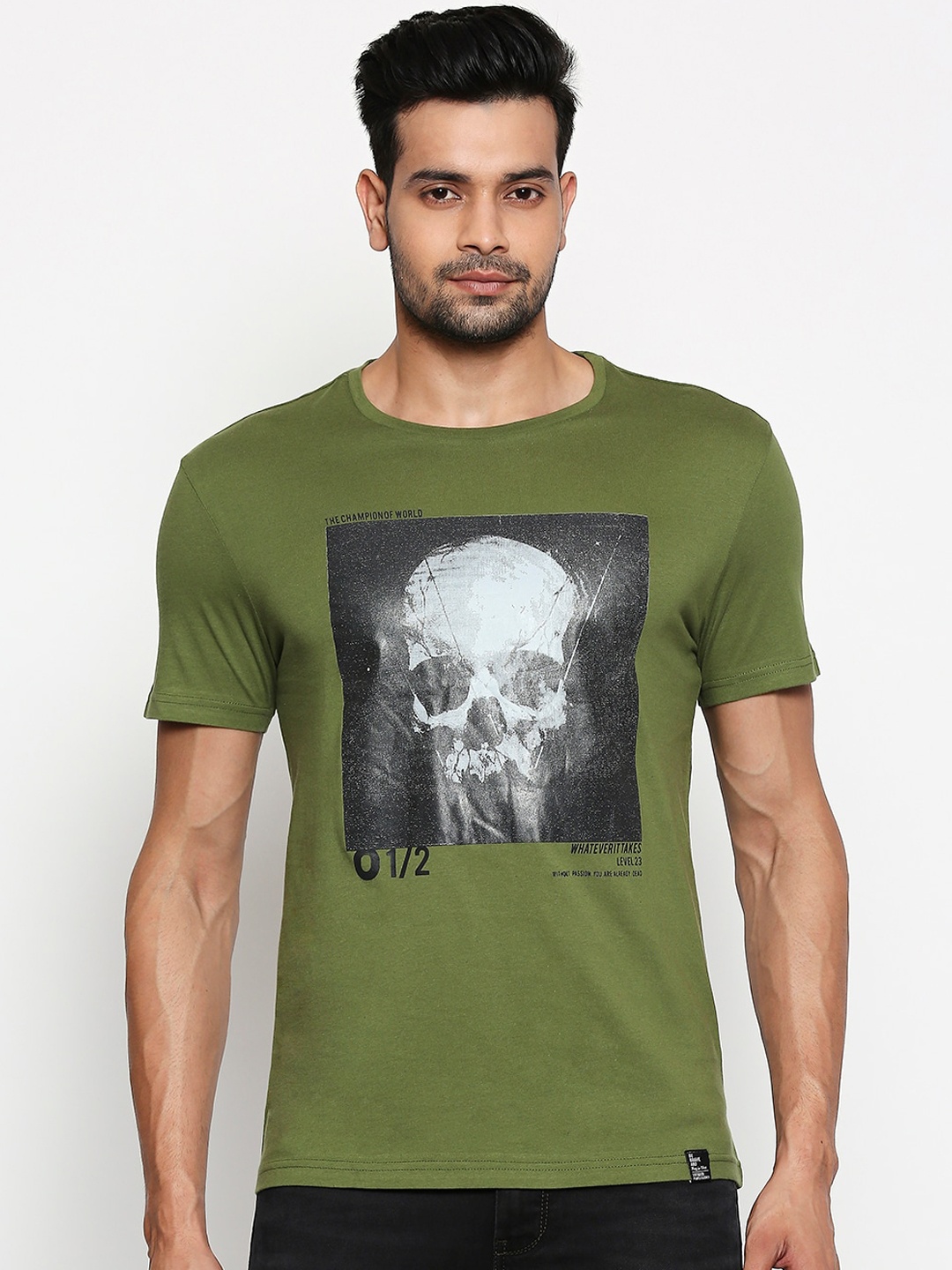 

People Men Olive Green Printed Round Neck Pure Cotton T-shirt