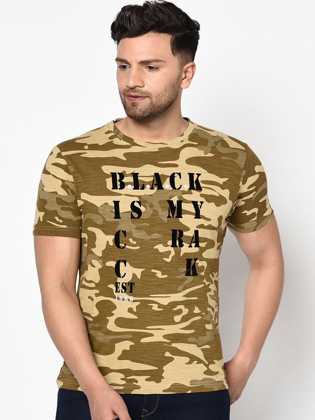 

Duke Men Beige Printed Round Neck T-shirt
