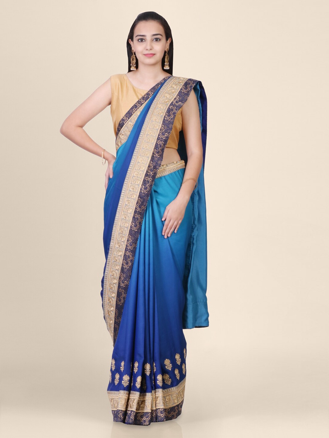 

Hastakala Blue Silk Blend Solid Banarasi Saree