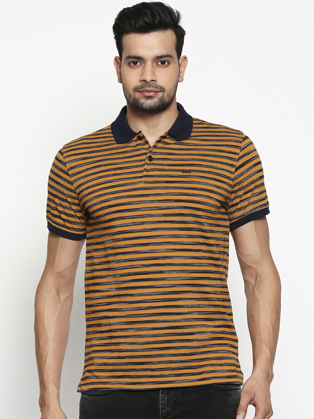 

People Men Mustard Striped Polo Collar T-shirt