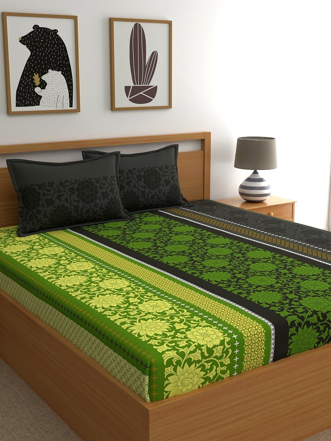 

Dreamscape Charcoal Grey & Green Printed 144 TC Double Bedsheet with 2 Pillow Covers