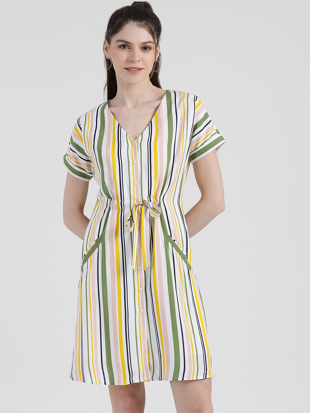 

Zink London Women White & Yellow Striped Fit and Flare Dress