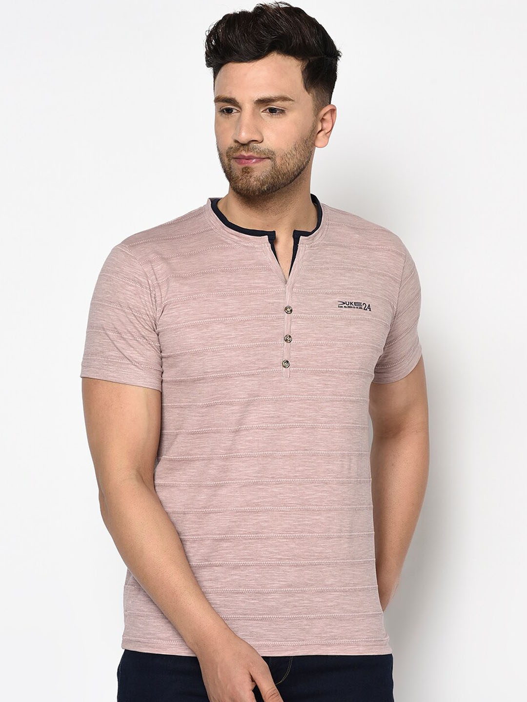 

Duke Men Pink Self Design Henley Neck T-shirt