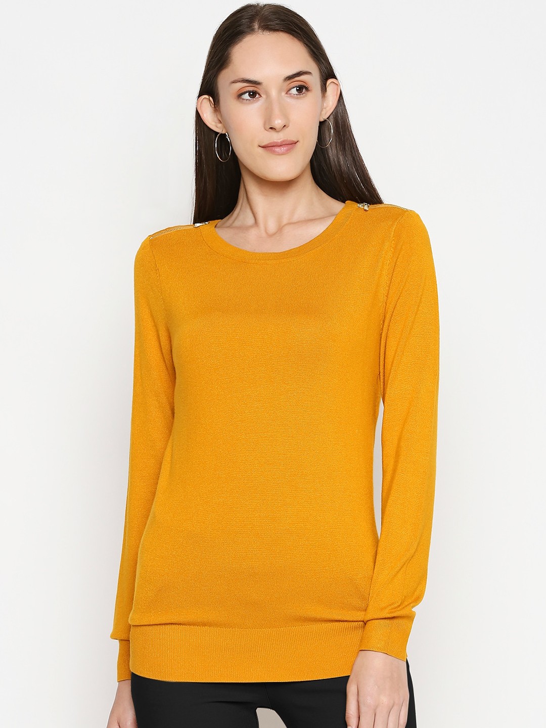 

Annabelle by Pantaloons Women Mustard Yellow Solid Pullover Sweater