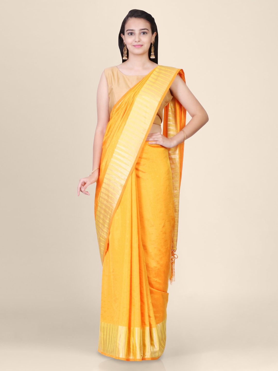 

Hastakala Yellow Jute Silk Solid Handloom Mysore Silk Saree