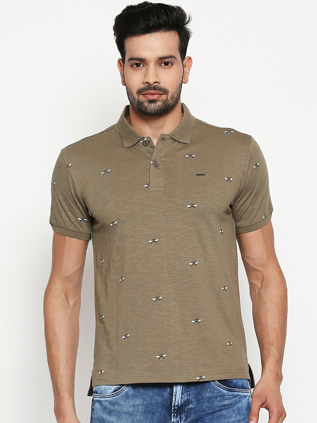 

People Men Olive Green Printed Polo Collar Pure Cotton T-shirt