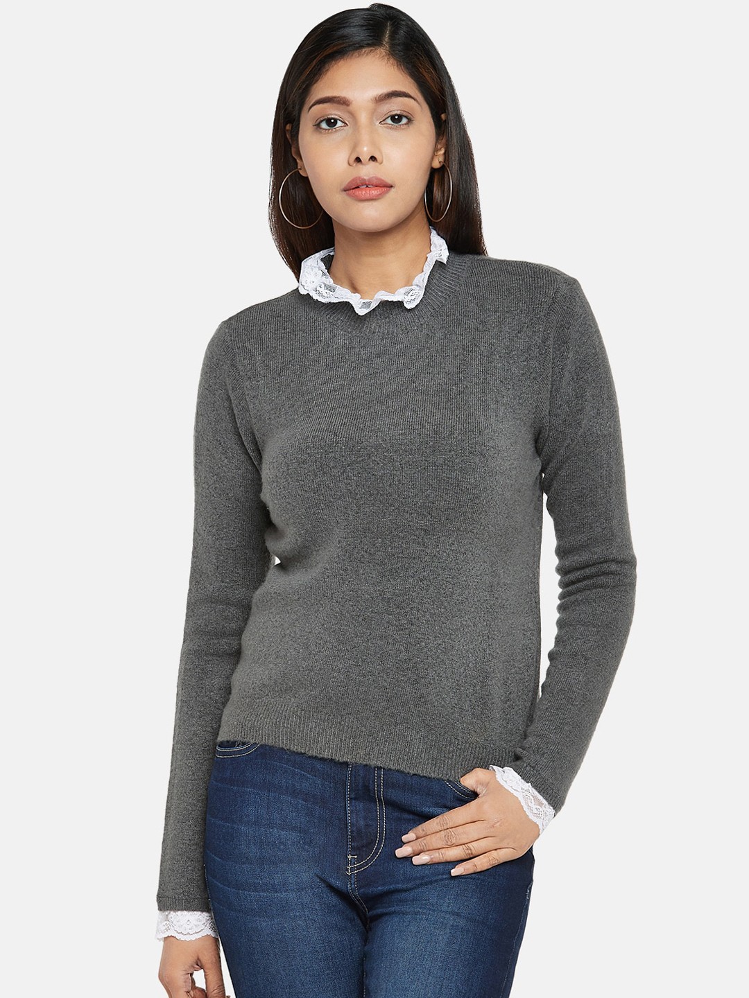 

People Women Grey Solid Woolen Pullover Sweater