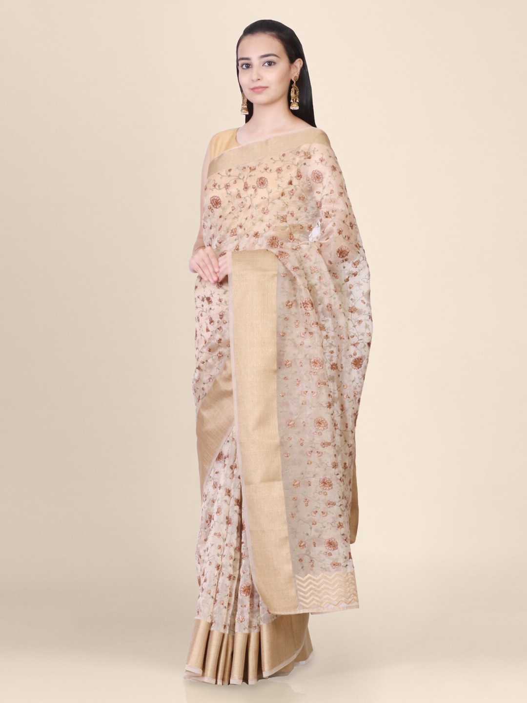 

Hastakala Cream-Coloured Tissue Printed Banarasi Saree