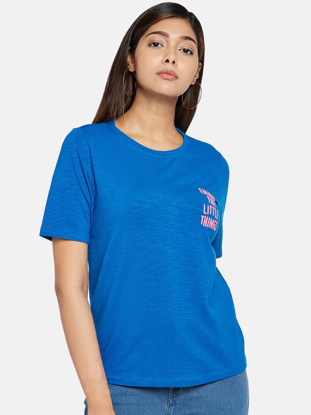 

People Women Blue Solid Round Neck T-shirt
