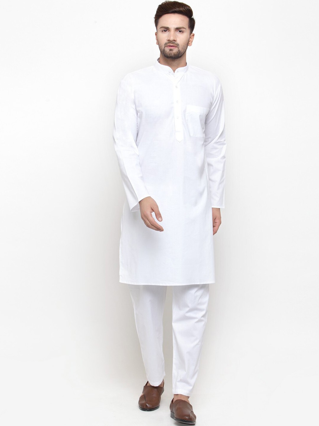 

Jompers Men White Solid Cotton Kurta with Pyjamas