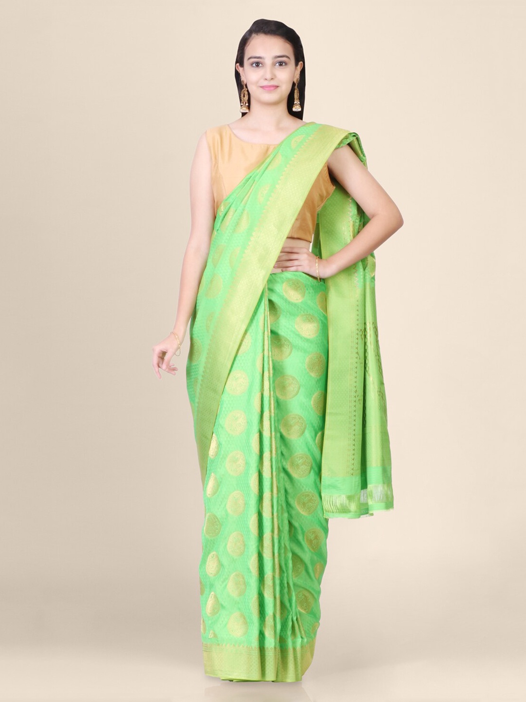 

Hastakala Green & Gold-Toned Silk Blend Printed Banarasi Saree