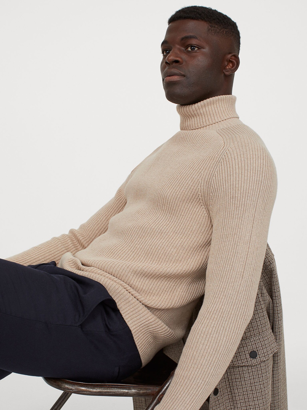 

H&M Men Beige Solid Polo-neck Jumper Muscle Fit