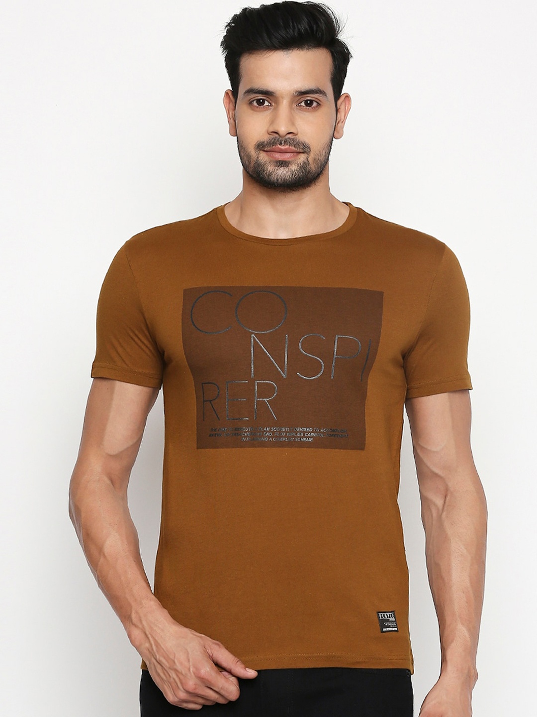 

People Men Brown Printed Round Neck Cotton Pure Cotton T-shirt