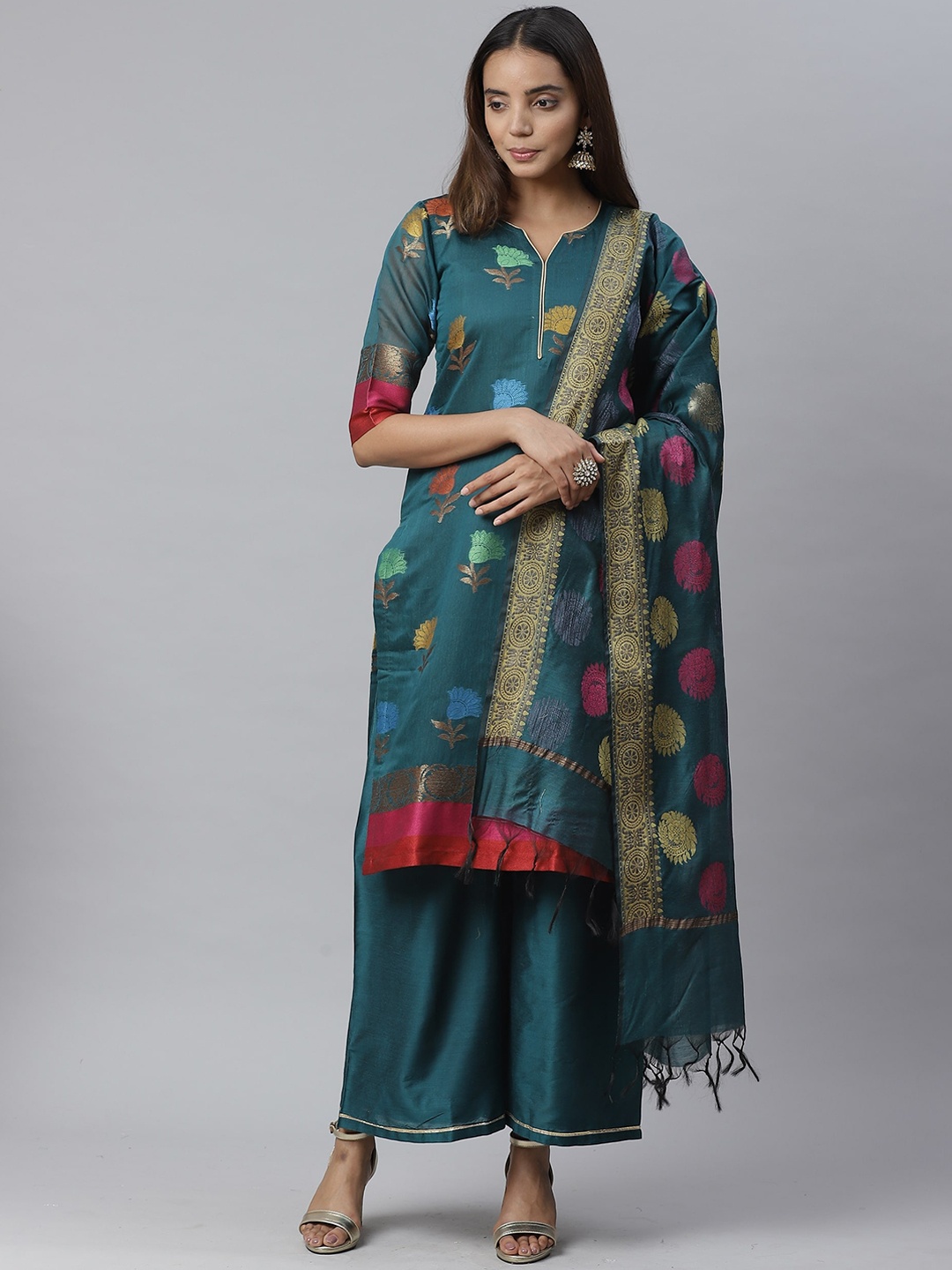 

Chhabra 555 Women Teal Woven Design Kurta with Palazzos & Dupatta
