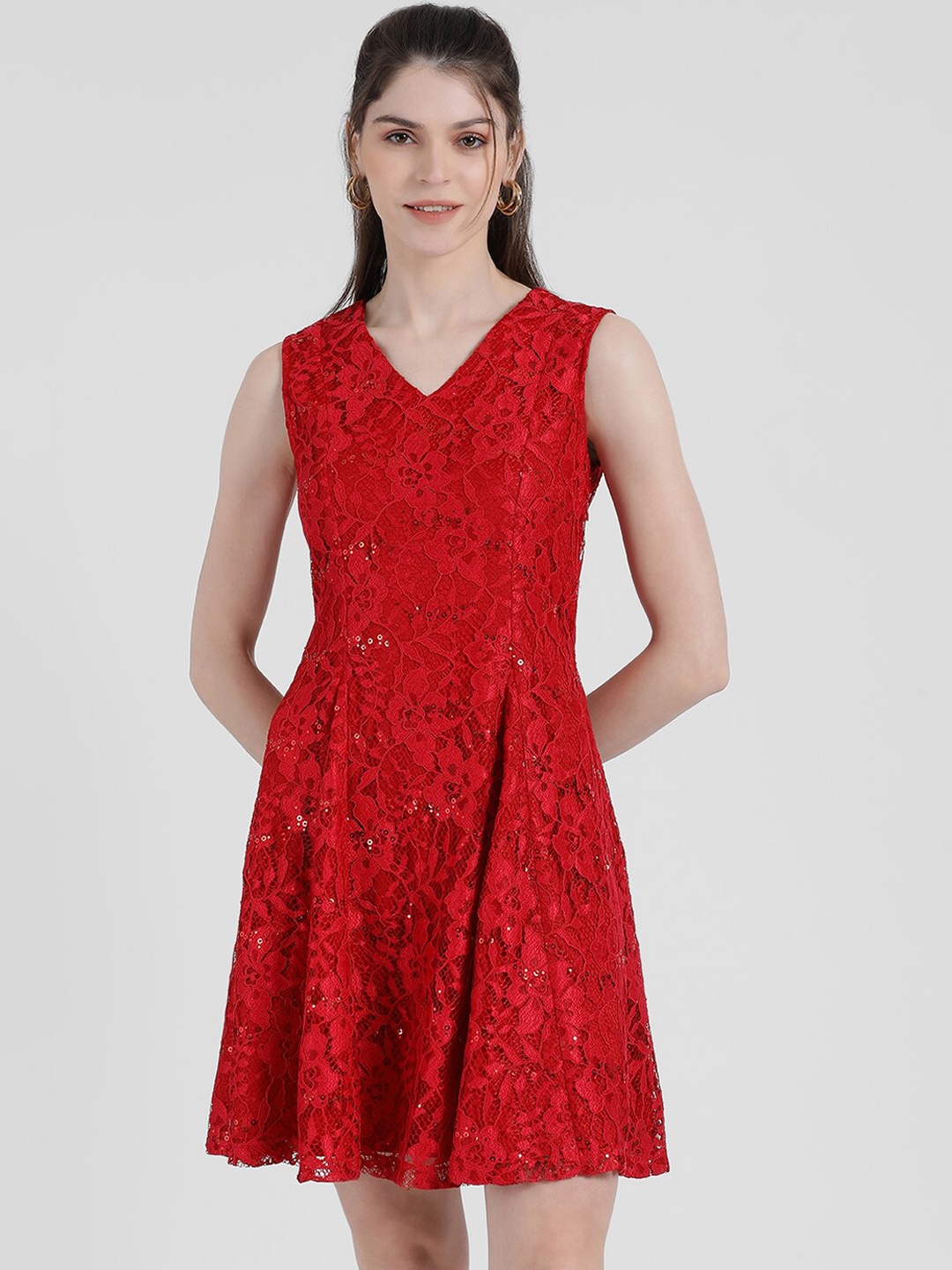 

Zink London Women Red Self Design A-Line Lace Dress