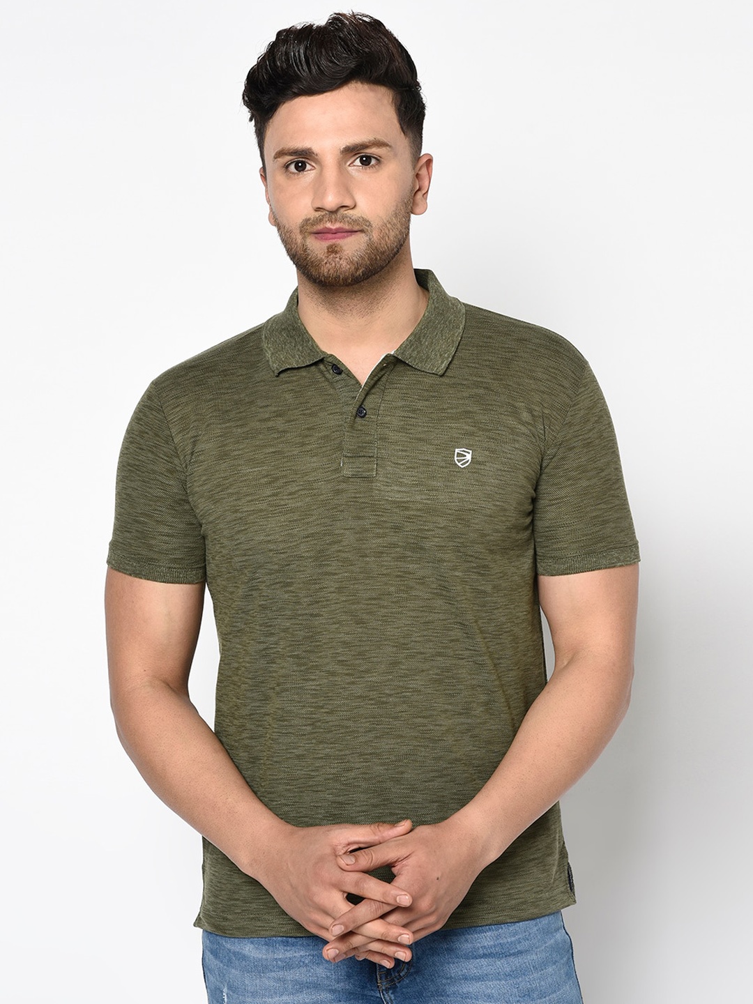 

Duke Men Olive Green Self Design Polo Collar T-shirt
