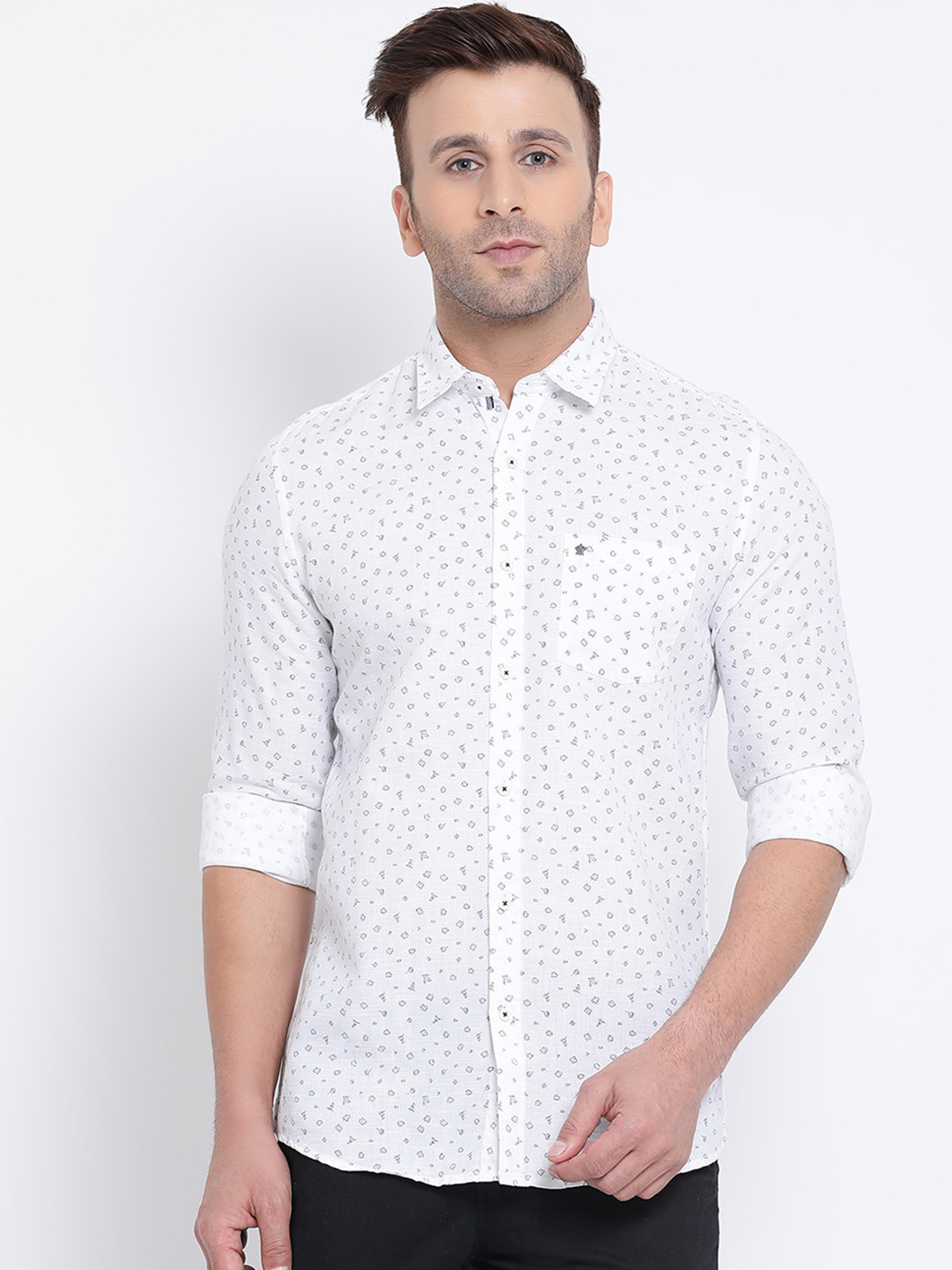 

Turtle Men White & Grey Slim Fit Printed Casual Shirt