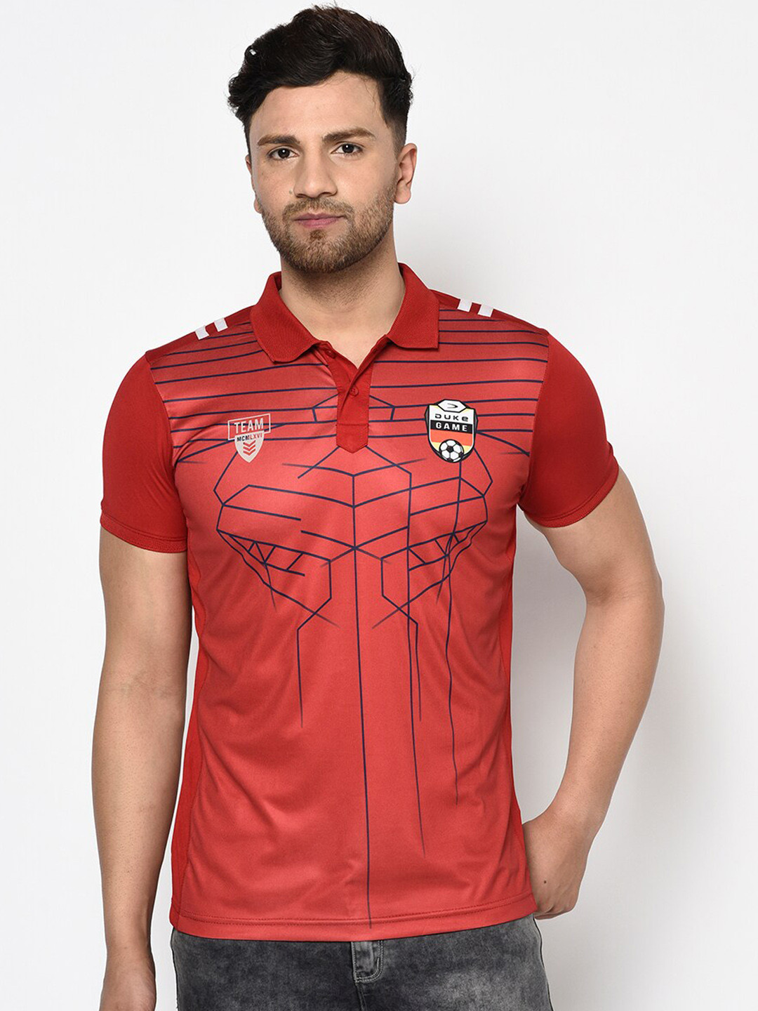

Duke Men Red Printed Polo Collar Cotton T-shirt