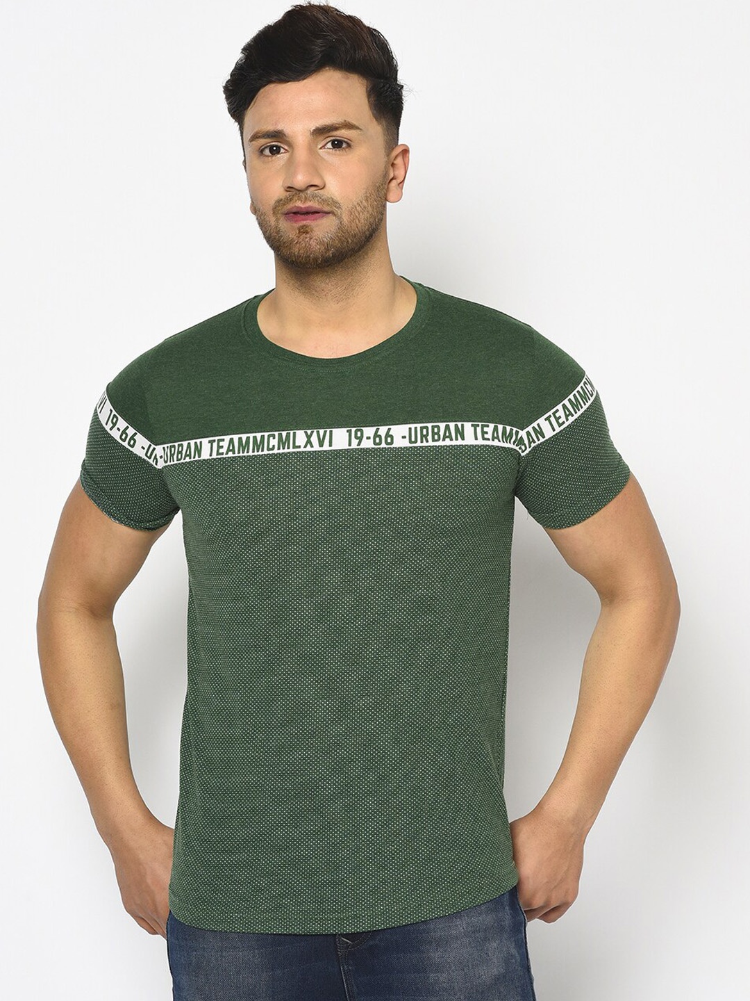 

Duke Men Green Self Design Round Neck Cotton T-shirt