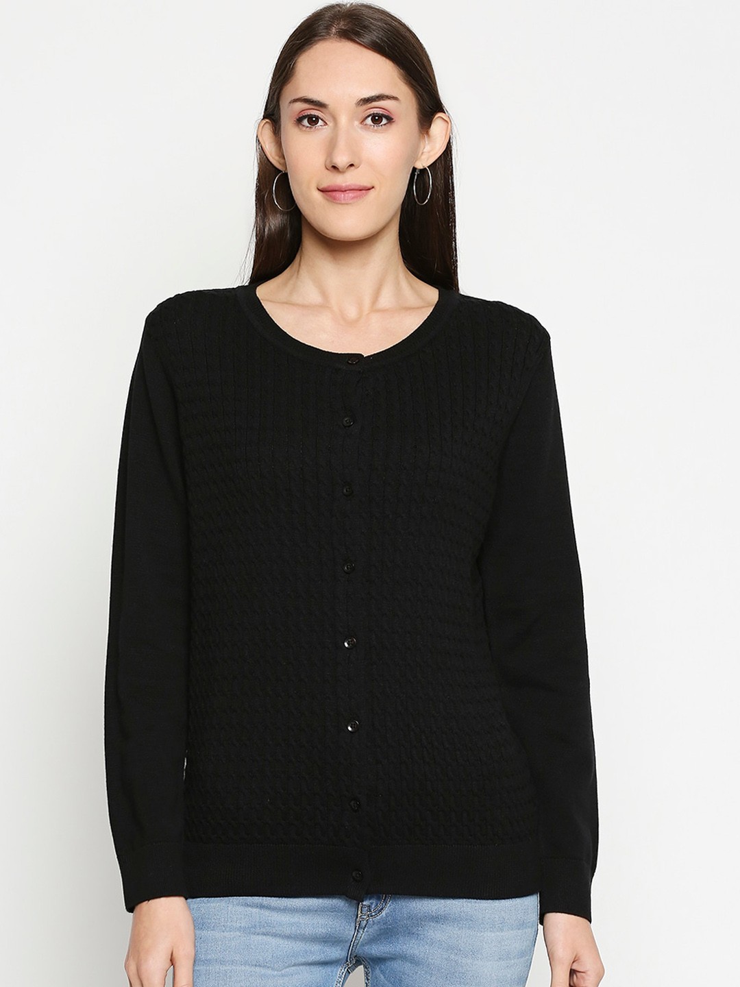 

Honey by Pantaloons Women Black Self-Design Cardigan Sweater
