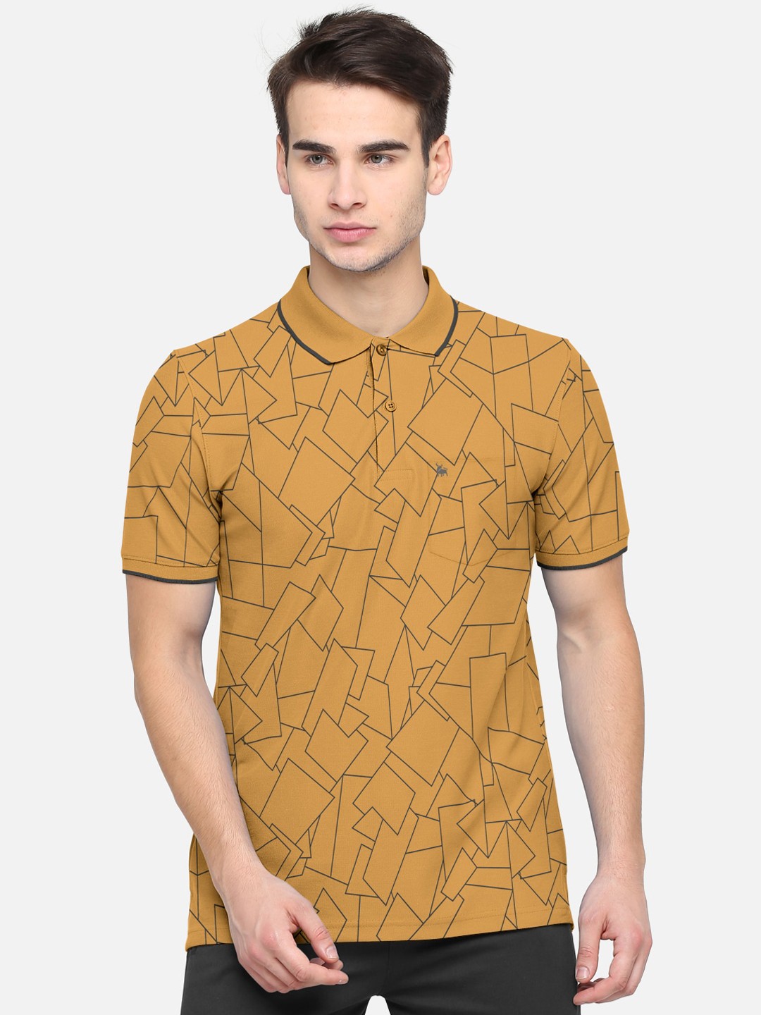 

BULLMER Men Mustard Checked Polo Collar T-shirt