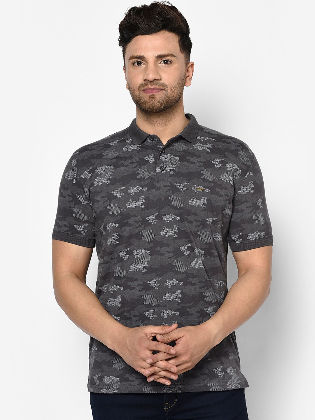 

Duke Men Grey Printed Polo Collar T-shirt