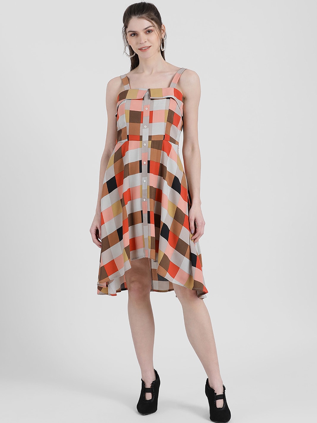 

Zink London Women Grey Checked Fit and Flare Dress
