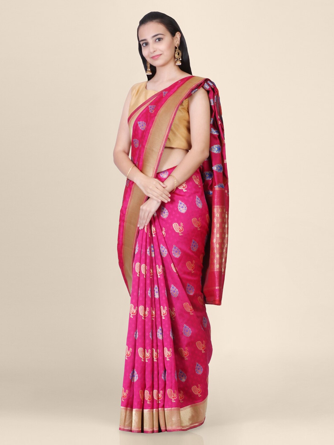 

Hastakala Pink & Gold-Toned Silk Blend Printed Banarasi Saree