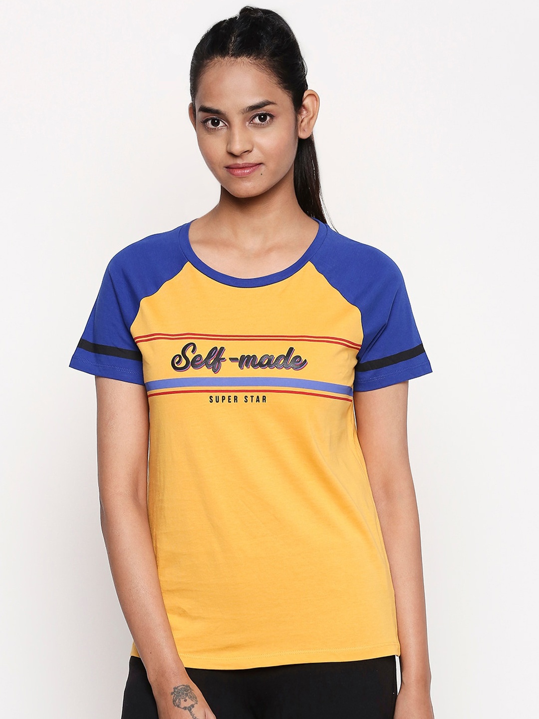 

Ajile by Pantaloons Women Yellow Colourblocked Round Neck T-shirt