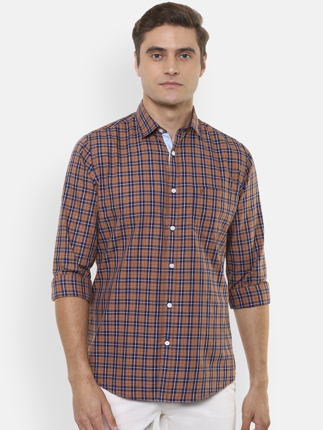 

Van Heusen Sport Men Orange & Blue Slim Fit Checked Cotton Casual Shirt