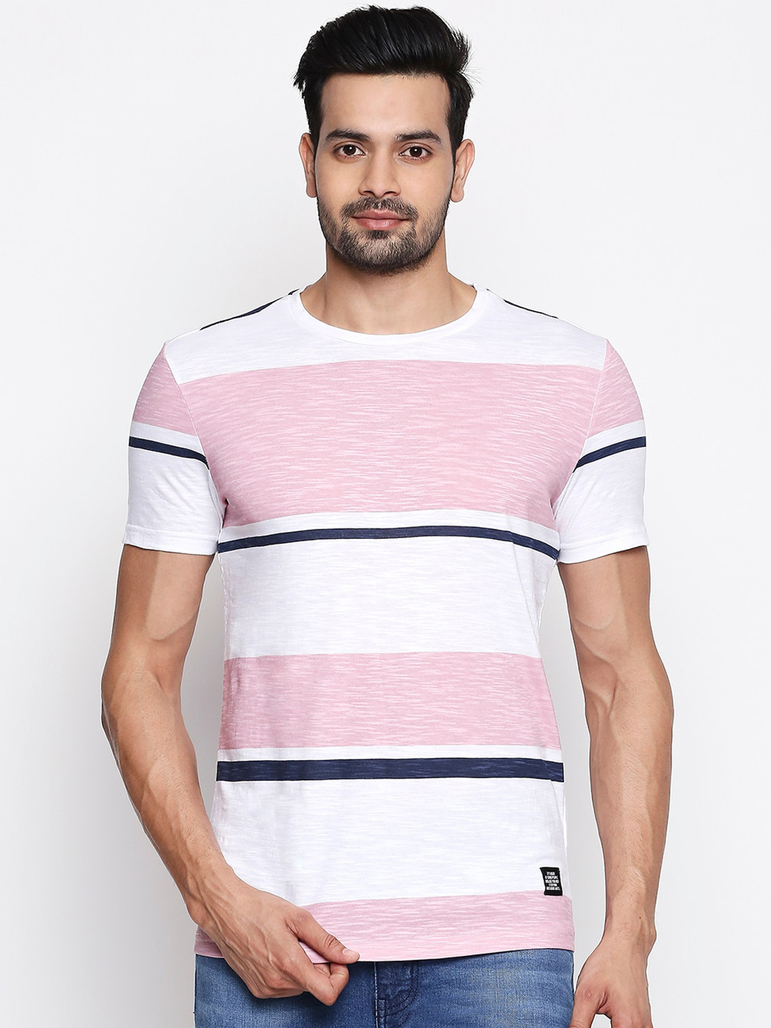 

People Men Pink Striped Round Neck Pure Cotton T-shirt