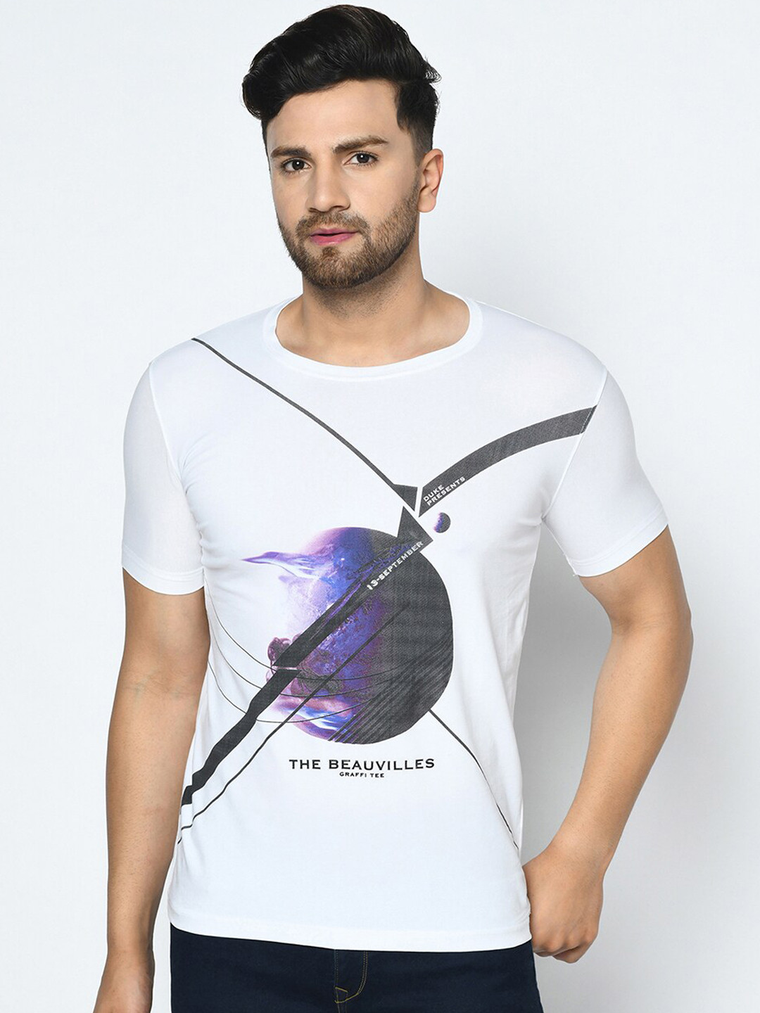 

Duke Men White & Blue Printed Round Neck T-shirt
