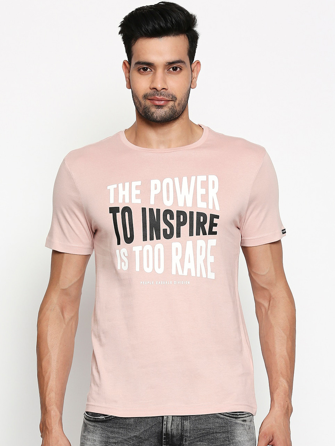 

People Men Pink Printed Round Neck Pure Cotton T-shirt